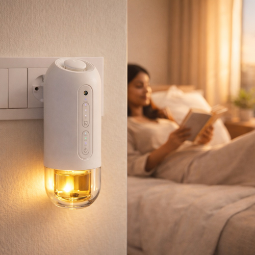 White night light emitting a warm glow on a wall next to a person reading in bed.